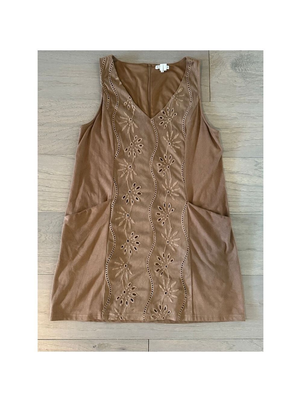 Black Swan Tan Floral Embroidered Suede Mini Dress Medium